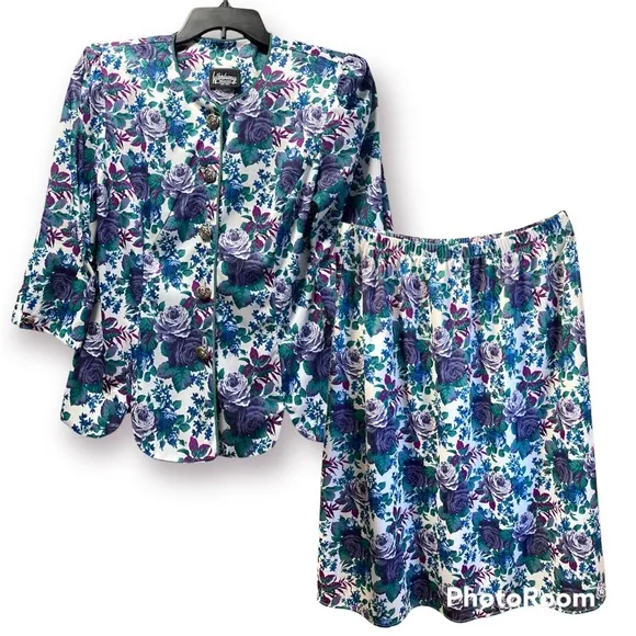 🏖️ Vintage Purple Floral Skirt Set 14 Petite