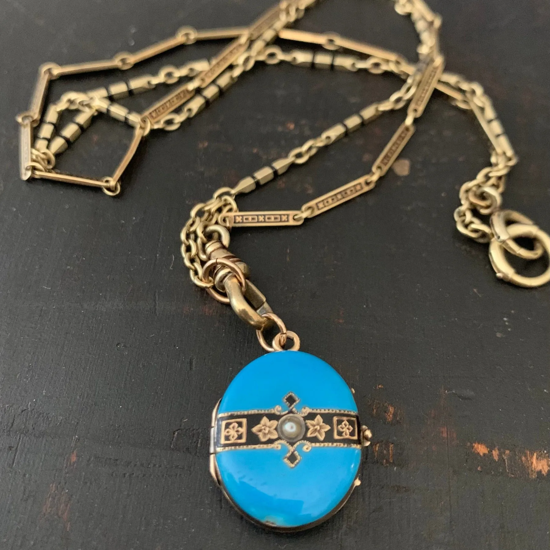 14k Gold & Black Enamel Bar Link Chain
