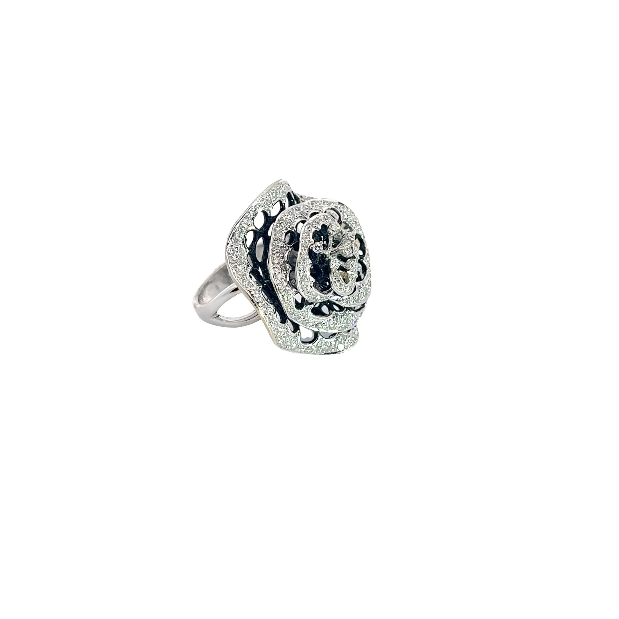 18k White Gold .86ct G VS2 Round Diamond and Black enamel Flower Ring
