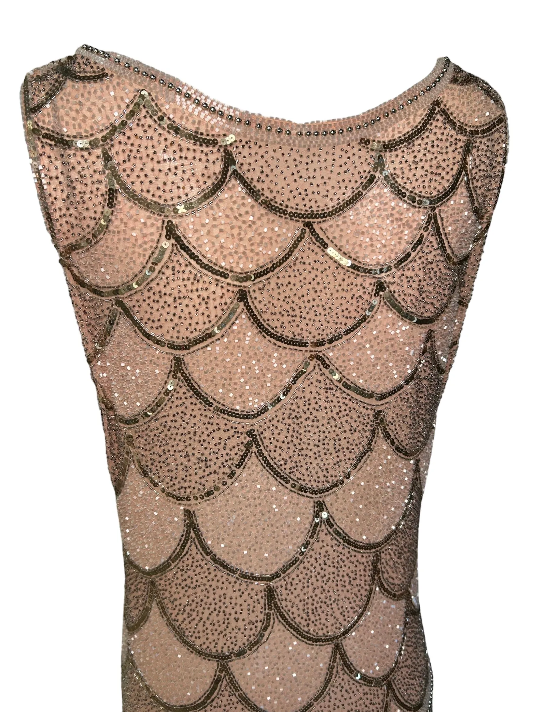 1920s Peachy Pink Intricately Beaded Cotton Flapper Gown
