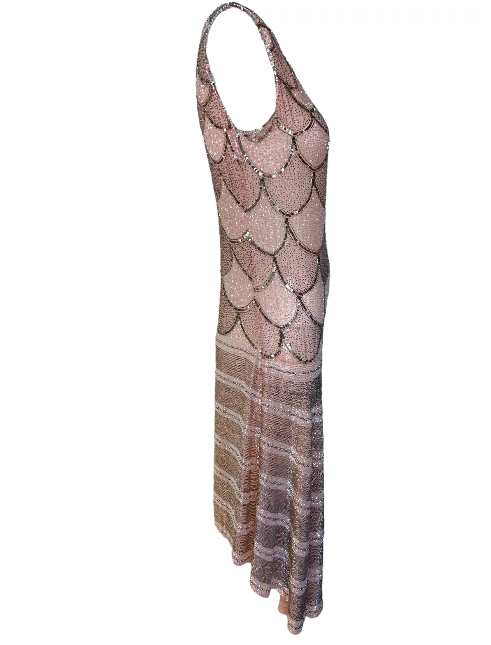 1920s Peachy Pink Intricately Beaded Cotton Flapper Gown