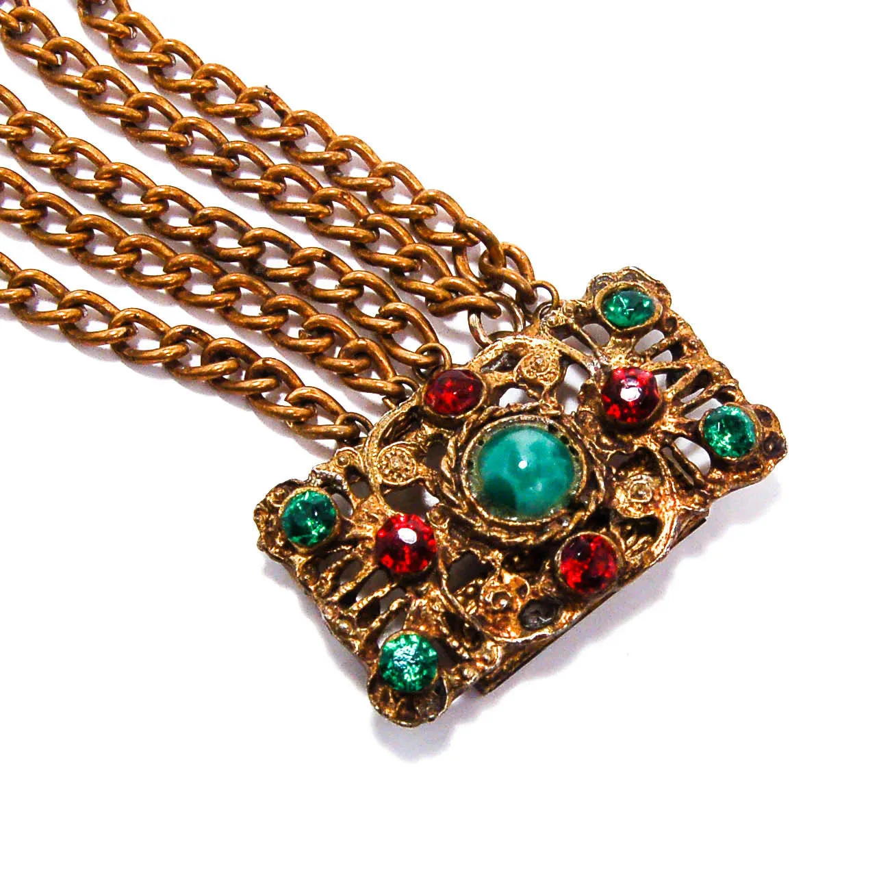 1950's Green and Red Rhinestone Gold Gilt Five Strand Chain Bracelet