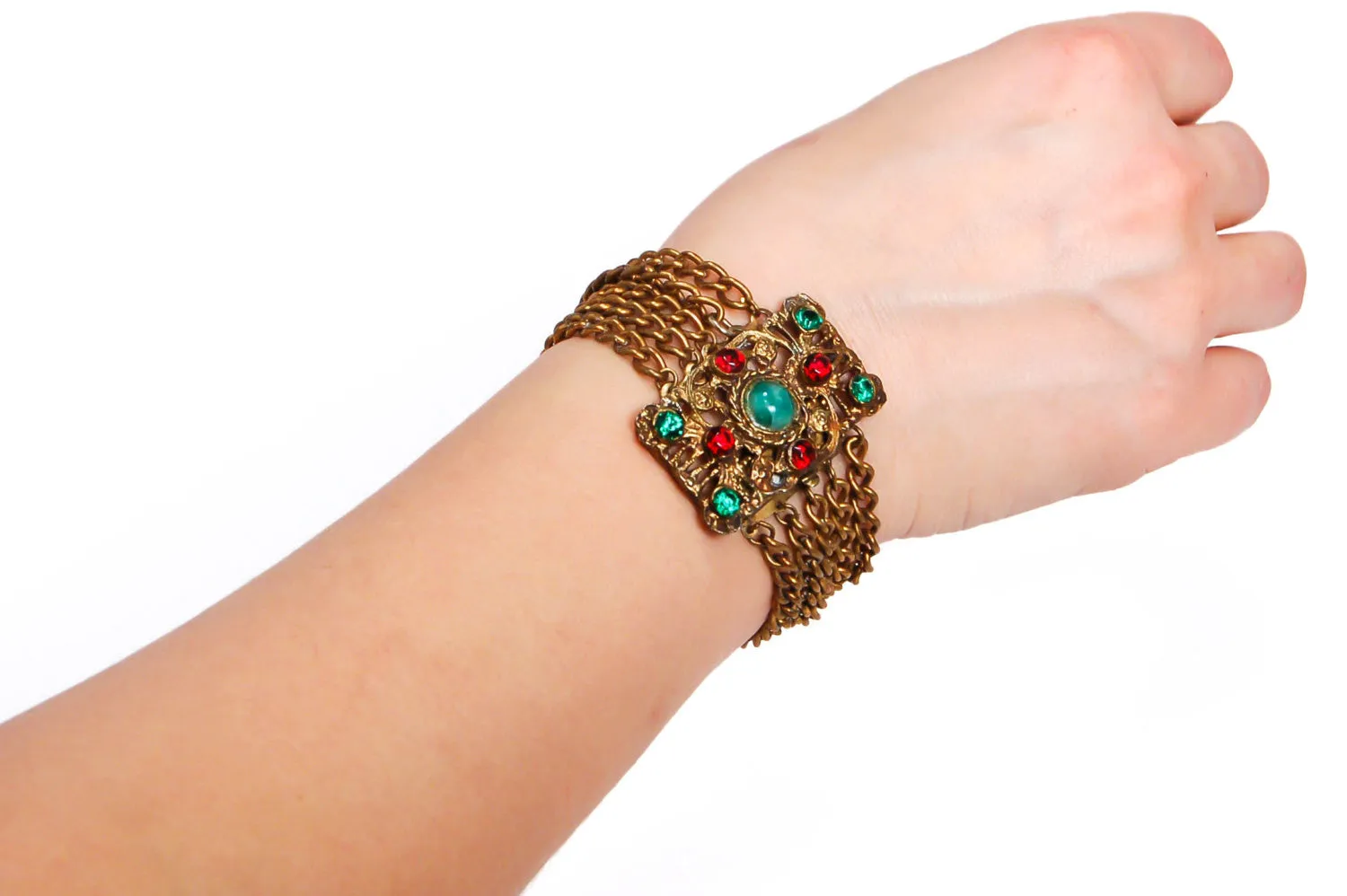 1950's Green and Red Rhinestone Gold Gilt Five Strand Chain Bracelet