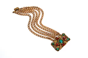 1950's Green and Red Rhinestone Gold Gilt Five Strand Chain Bracelet