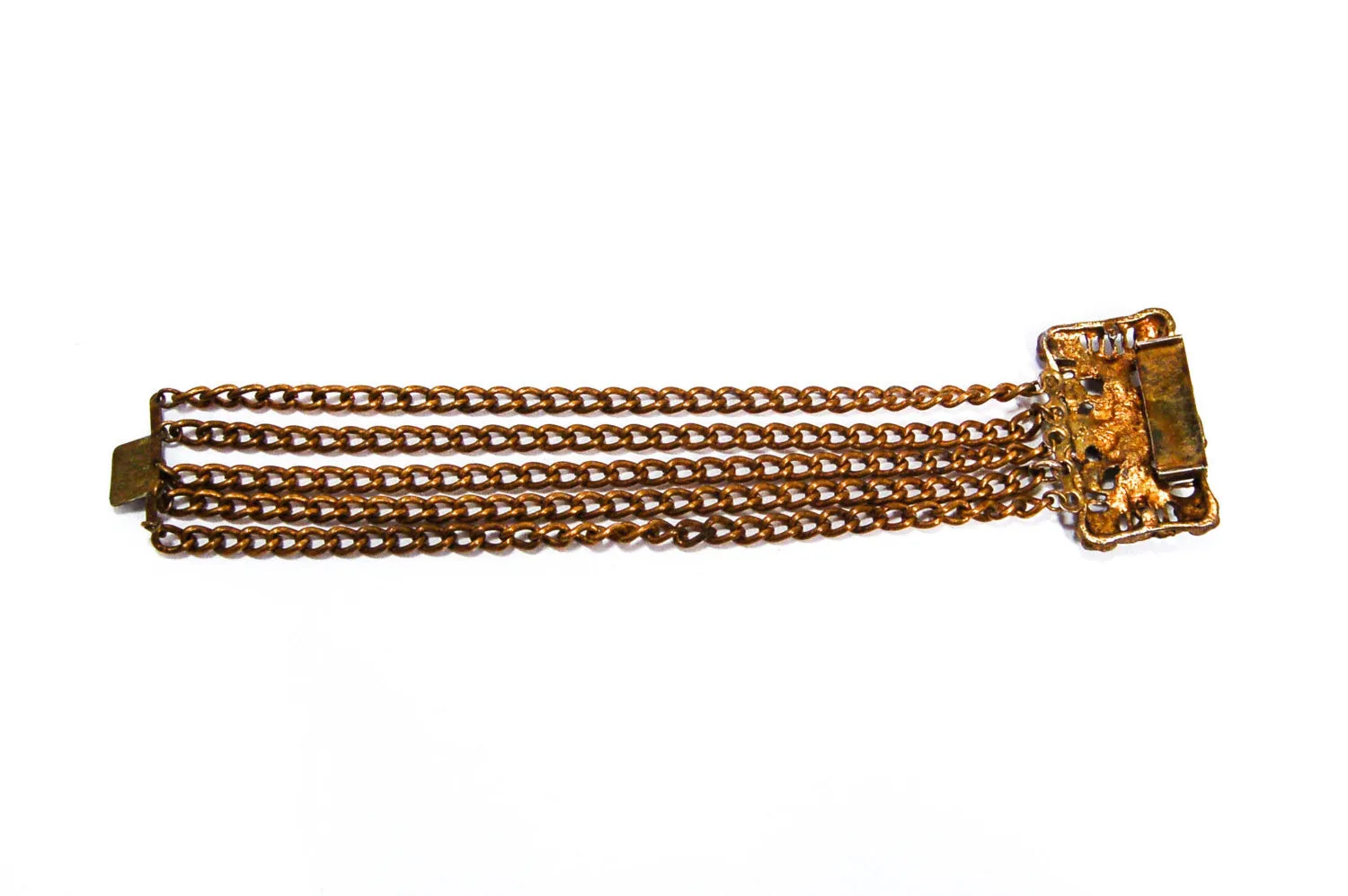 1950's Green and Red Rhinestone Gold Gilt Five Strand Chain Bracelet
