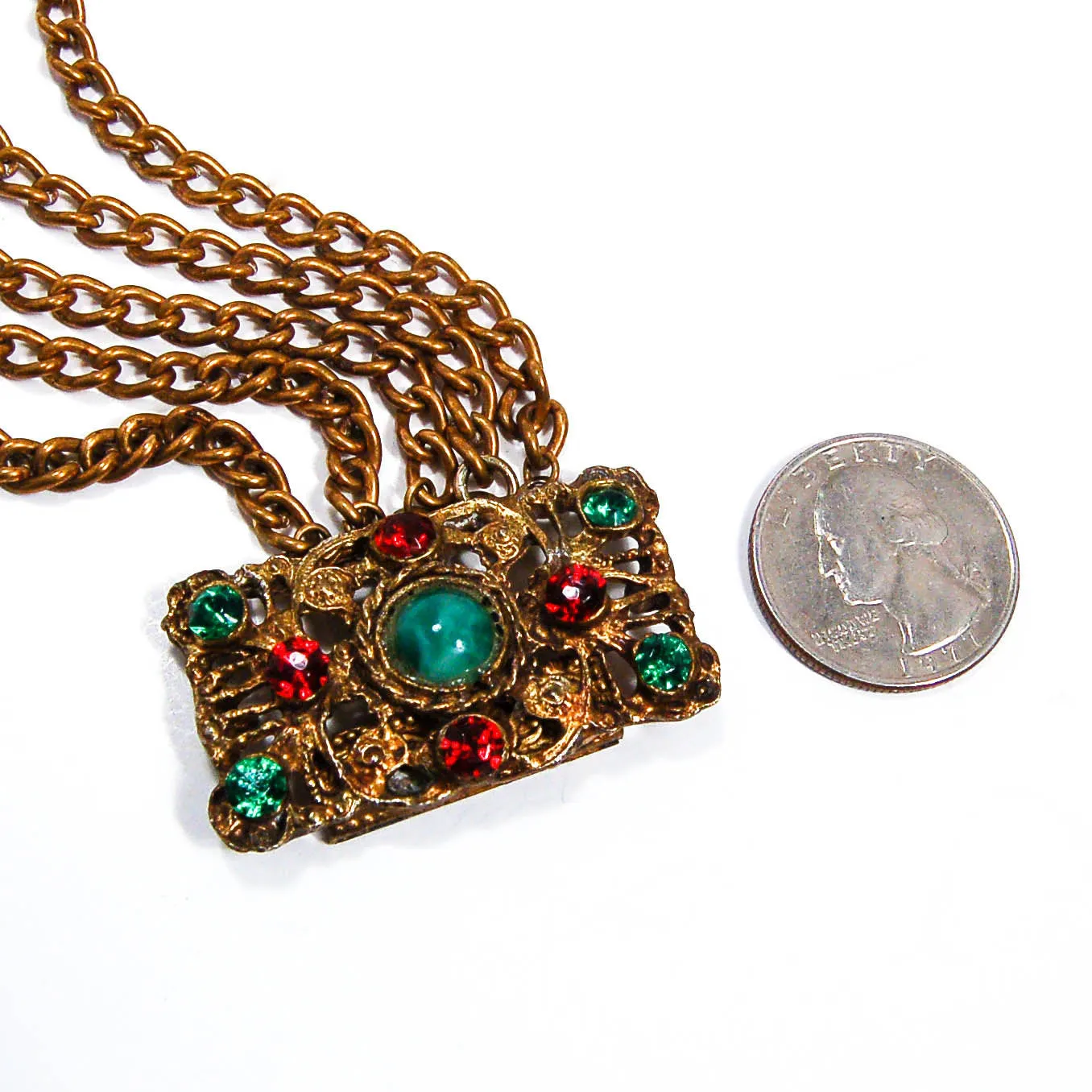1950's Green and Red Rhinestone Gold Gilt Five Strand Chain Bracelet