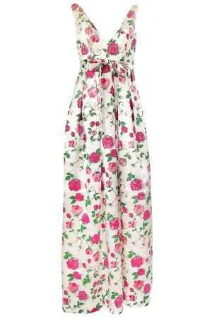 1950s Unlabeled Hand Painted Rose Print Light Satin Backless Halter Dress