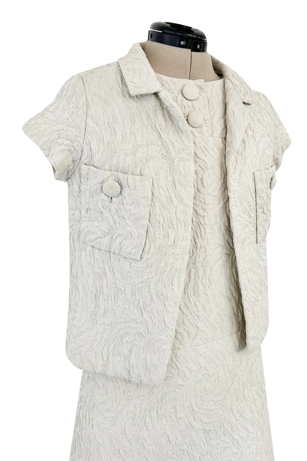 1960s Christian Dior Demi-Couture Textured Ivory Silk A-Line Dress & Matching Crop Jacket