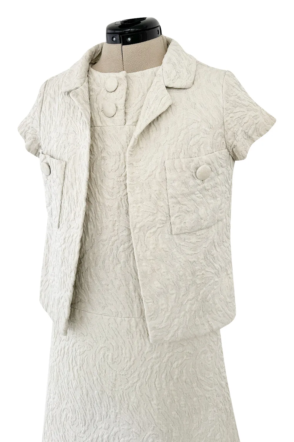 1960s Christian Dior Demi-Couture Textured Ivory Silk A-Line Dress & Matching Crop Jacket