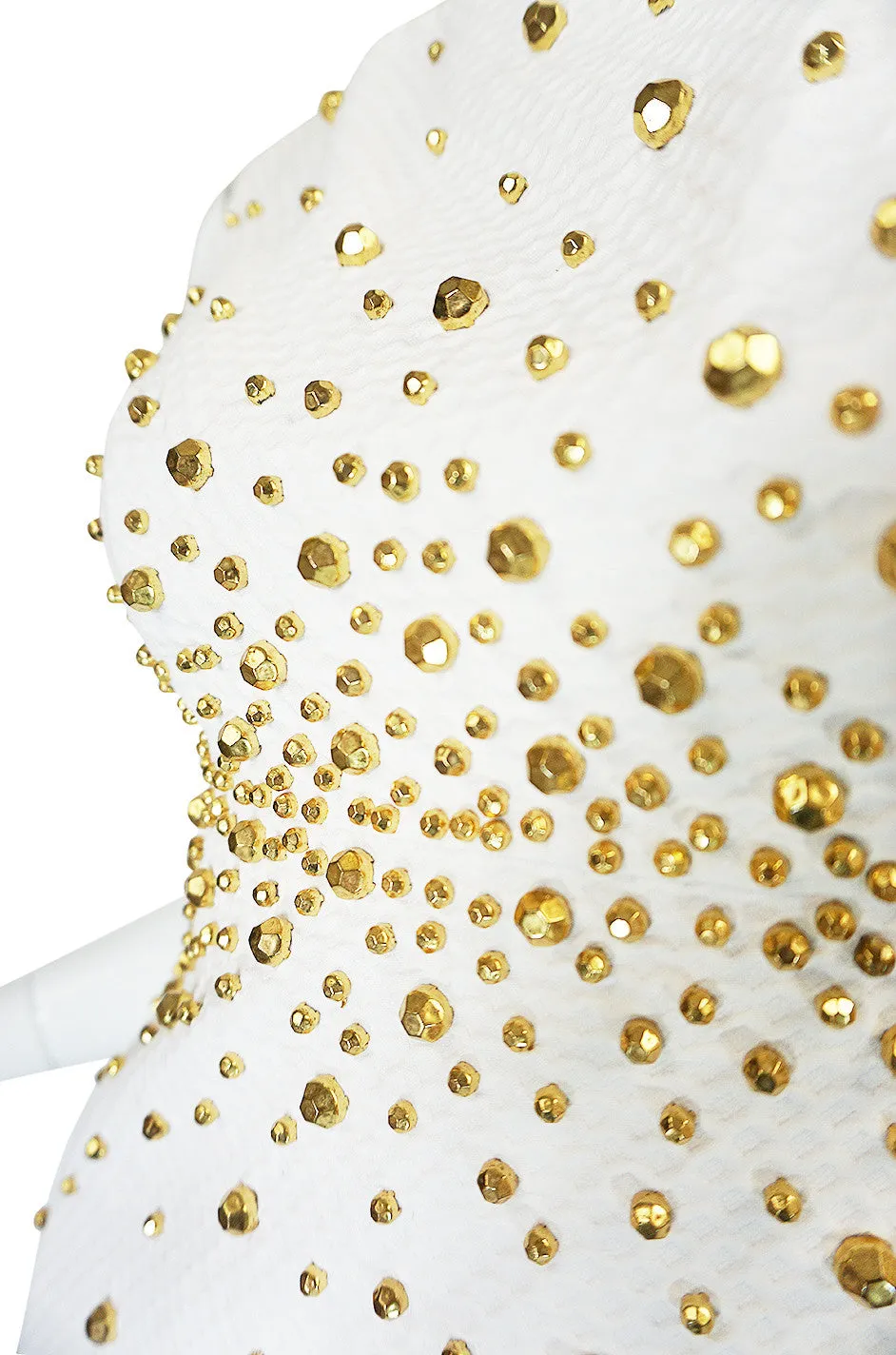 1960s Gold Studded White Cotton Waffle Weave Pique Dress
