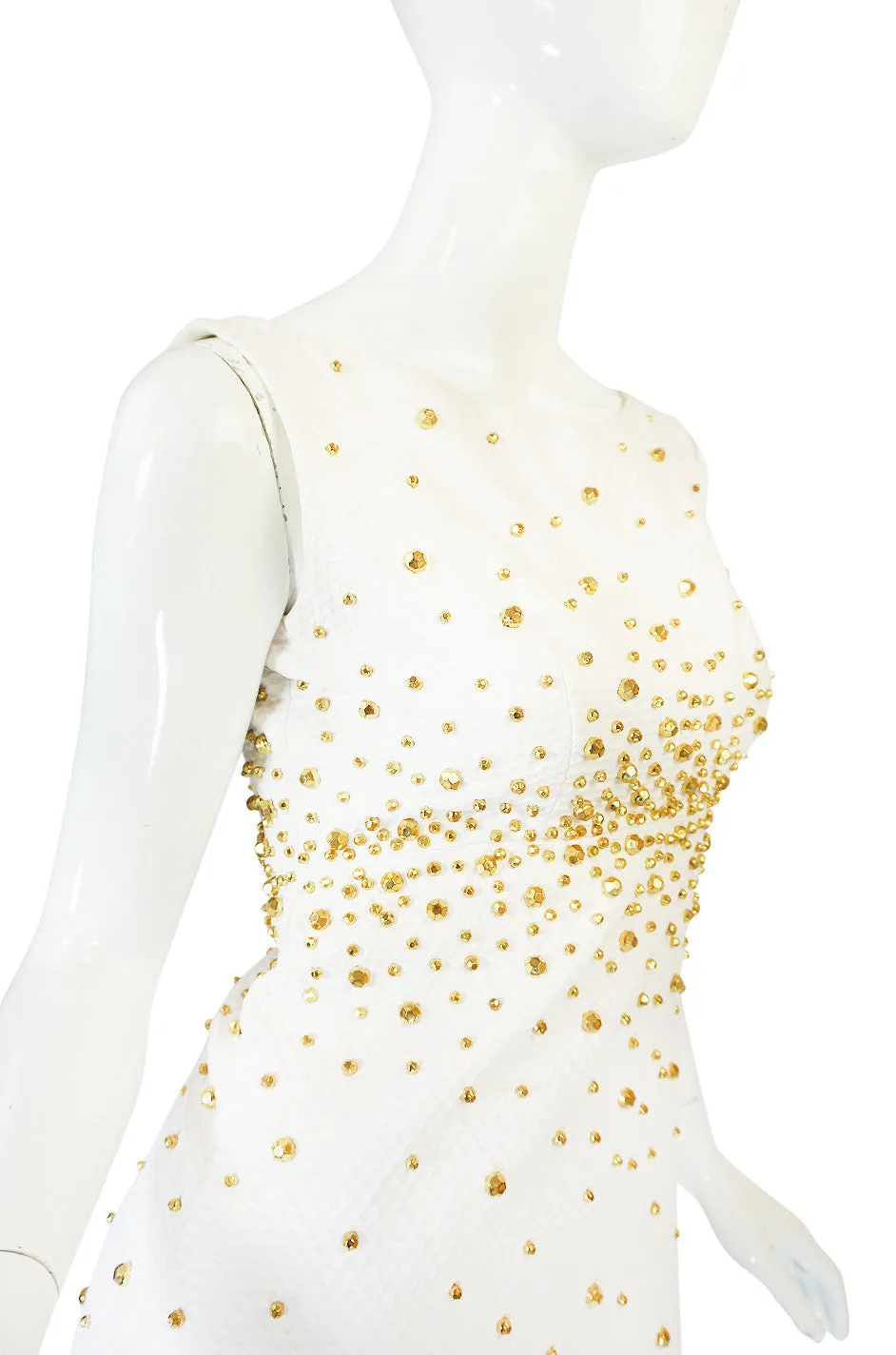 1960s Gold Studded White Cotton Waffle Weave Pique Dress