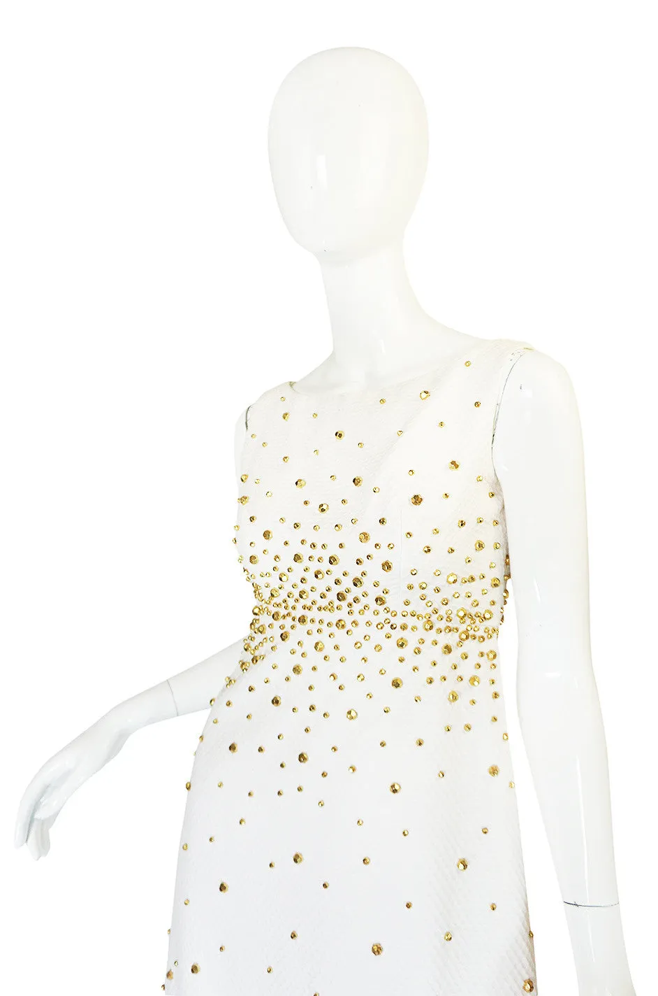 1960s Gold Studded White Cotton Waffle Weave Pique Dress