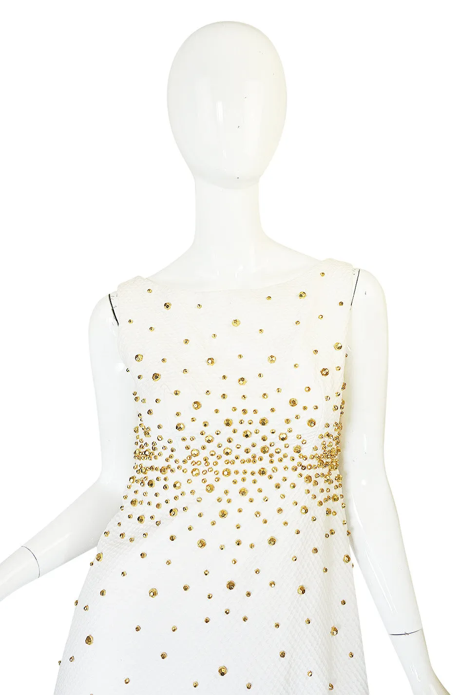1960s Gold Studded White Cotton Waffle Weave Pique Dress