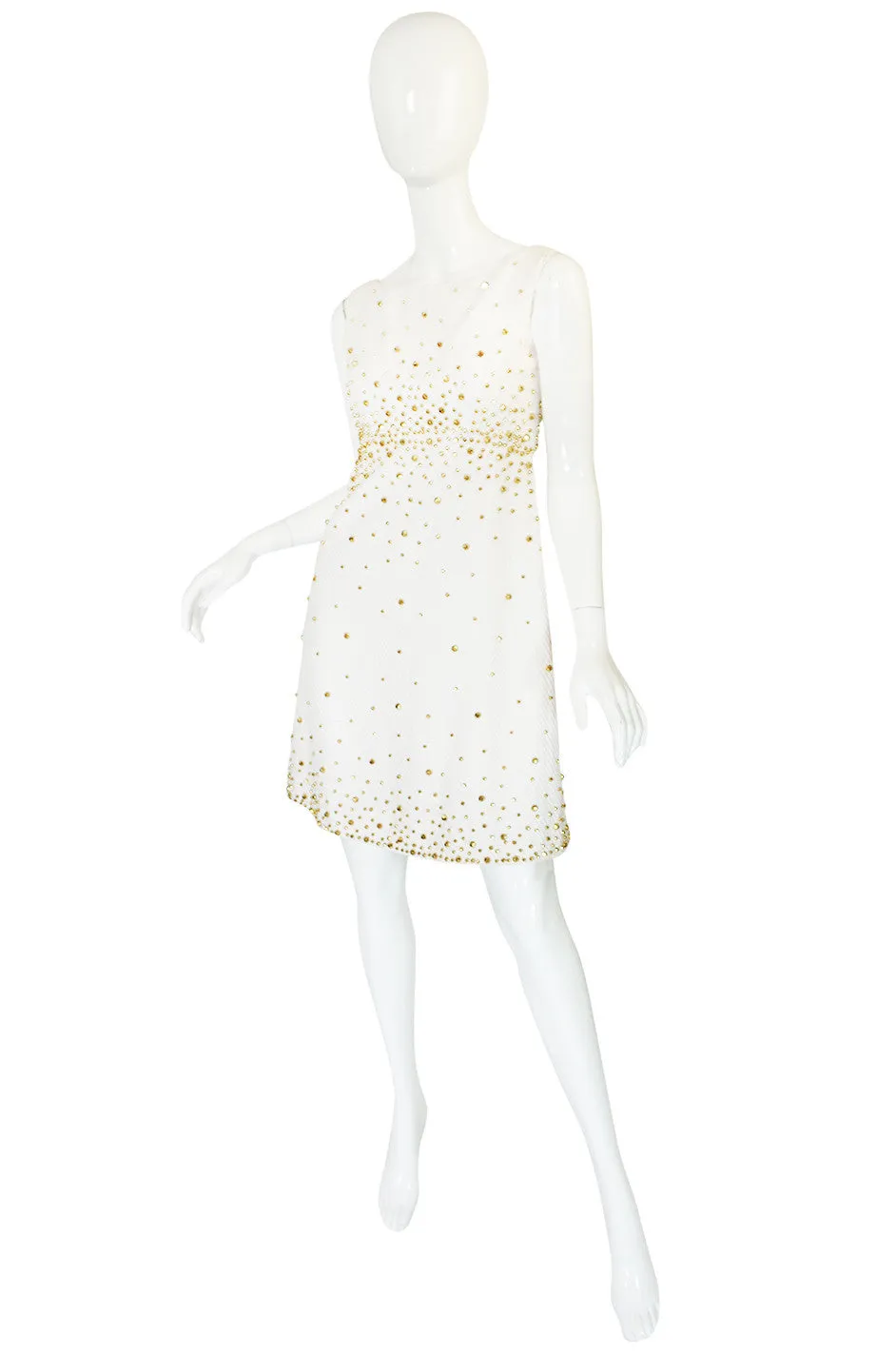 1960s Gold Studded White Cotton Waffle Weave Pique Dress