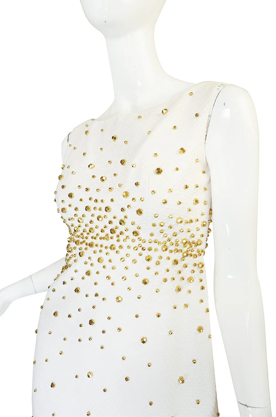 1960s Gold Studded White Cotton Waffle Weave Pique Dress