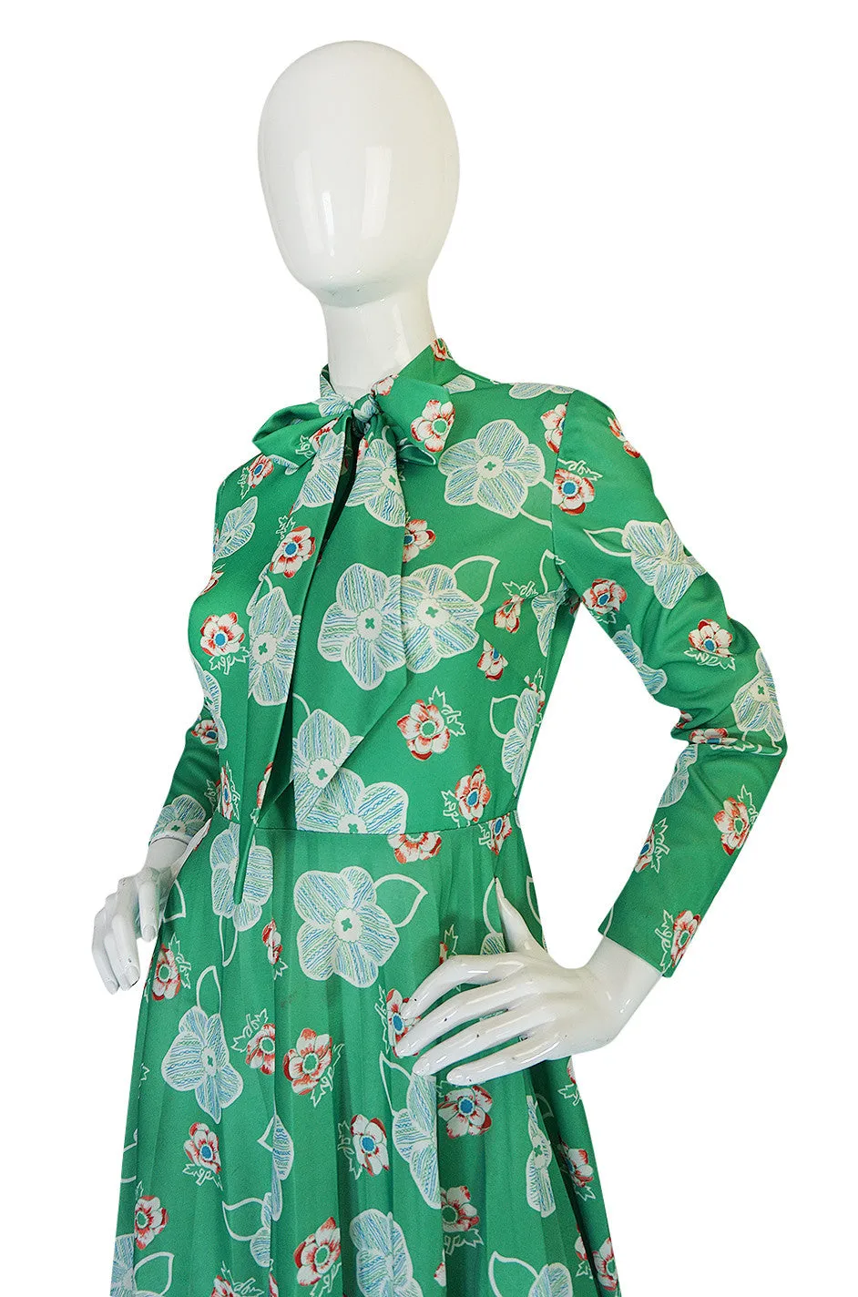 1970s Apple Green Print Washable Jersey Secretary Dress