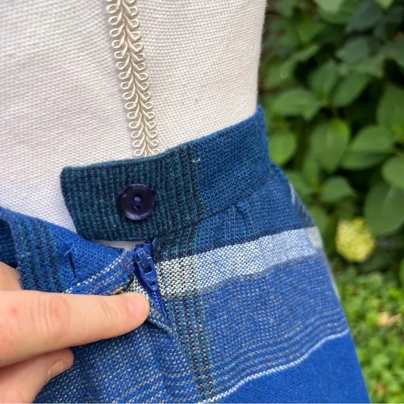 1970’s blue &amp; white plaid wool blend a-line midi skirt