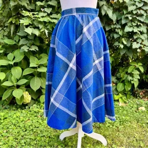 1970’s blue &amp; white plaid wool blend a-line midi skirt
