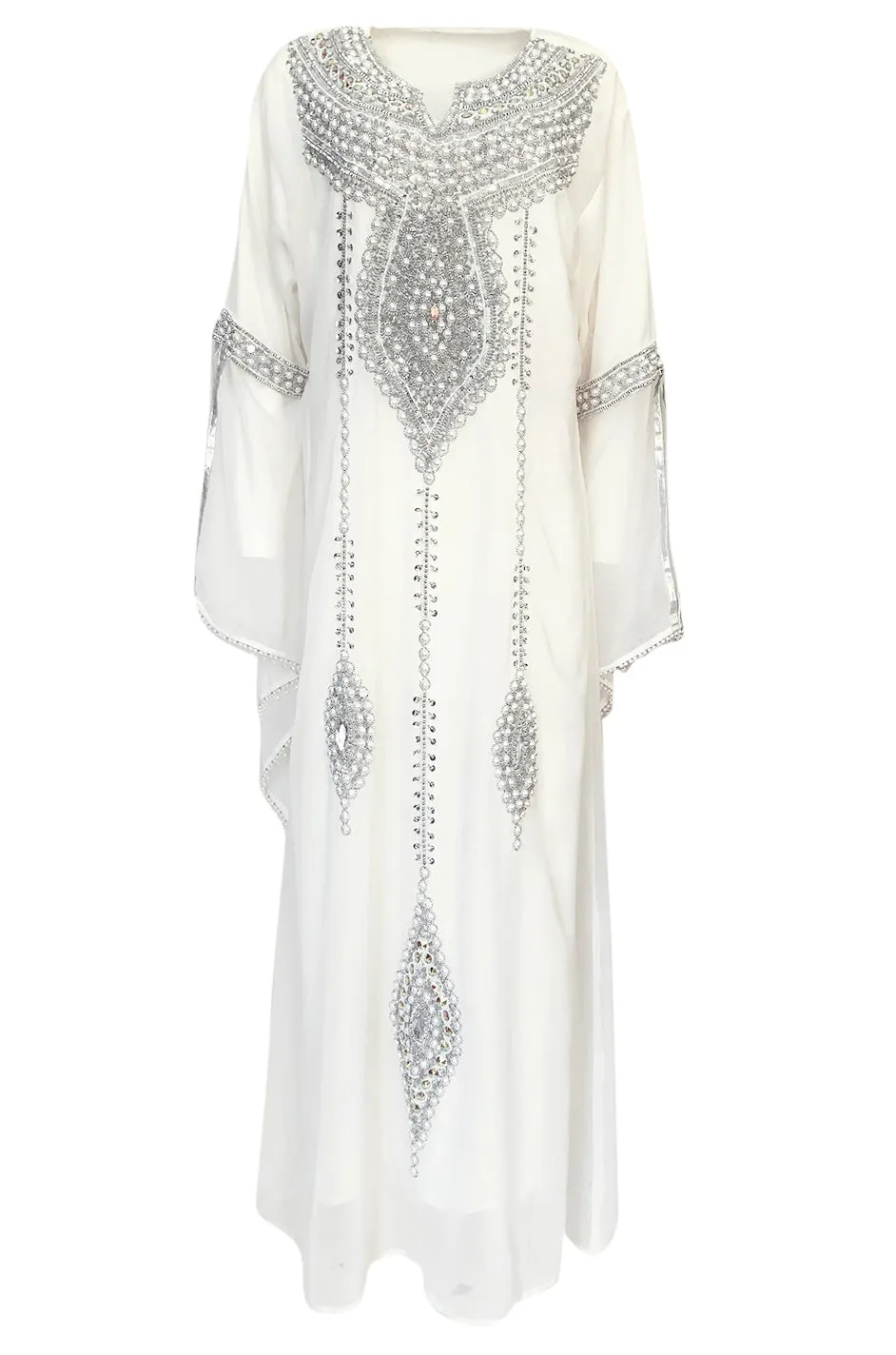 1970s Elaborate Silver, Pearl & Bead Covered Jeweled White Chiffon Caftan Dress