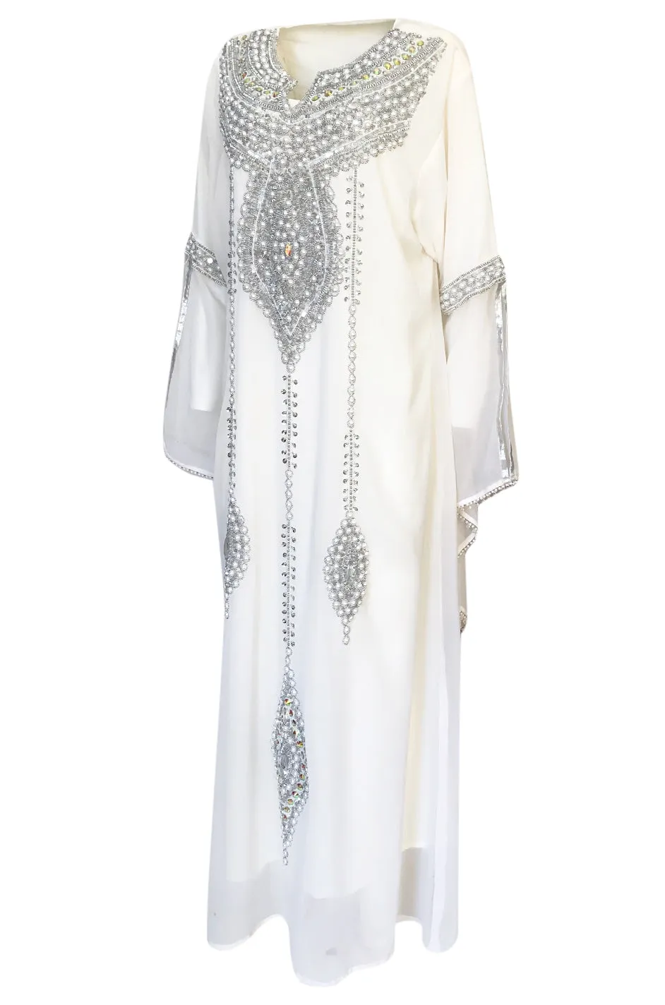 1970s Elaborate Silver, Pearl & Bead Covered Jeweled White Chiffon Caftan Dress