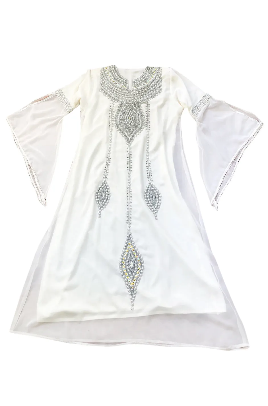 1970s Elaborate Silver, Pearl & Bead Covered Jeweled White Chiffon Caftan Dress