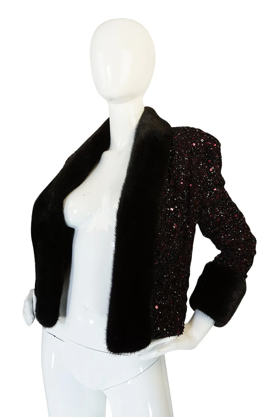 1980s Glossy Mink Trim Sequin John Anthony Silk Jacket