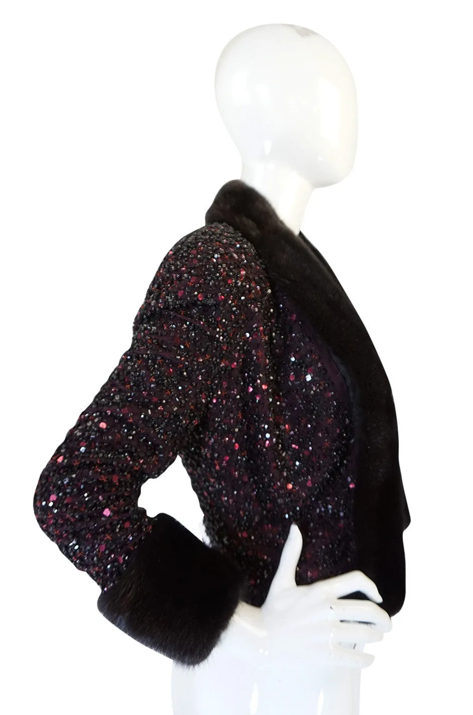 1980s Glossy Mink Trim Sequin John Anthony Silk Jacket