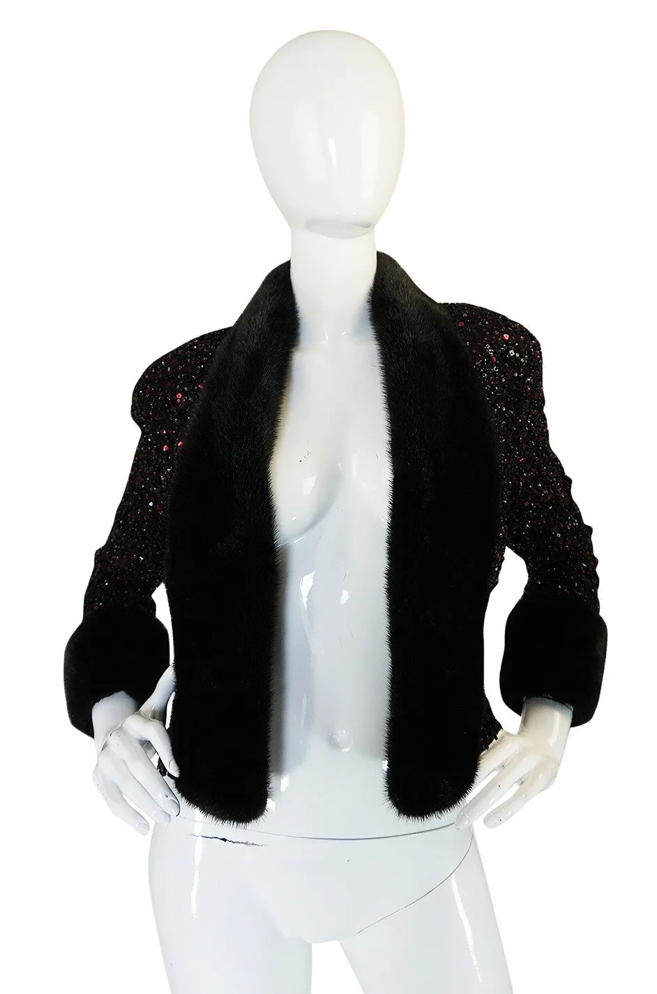 1980s Glossy Mink Trim Sequin John Anthony Silk Jacket
