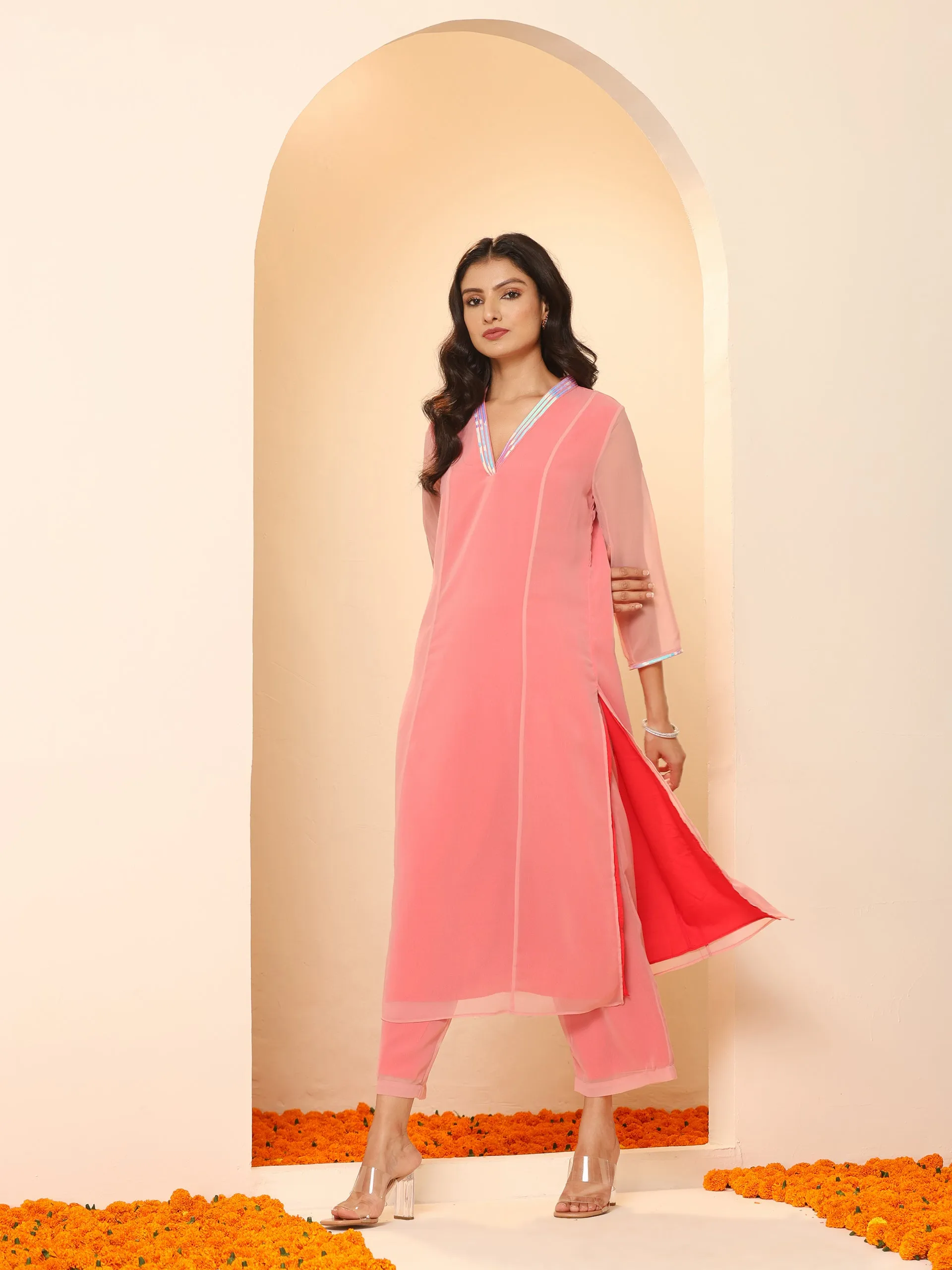 2pcs. Set | Baby Pink &  Red Surprise Georgette Kurta with Pants