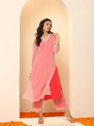 2pcs. Set | Baby Pink &  Red Surprise Georgette Kurta with Pants