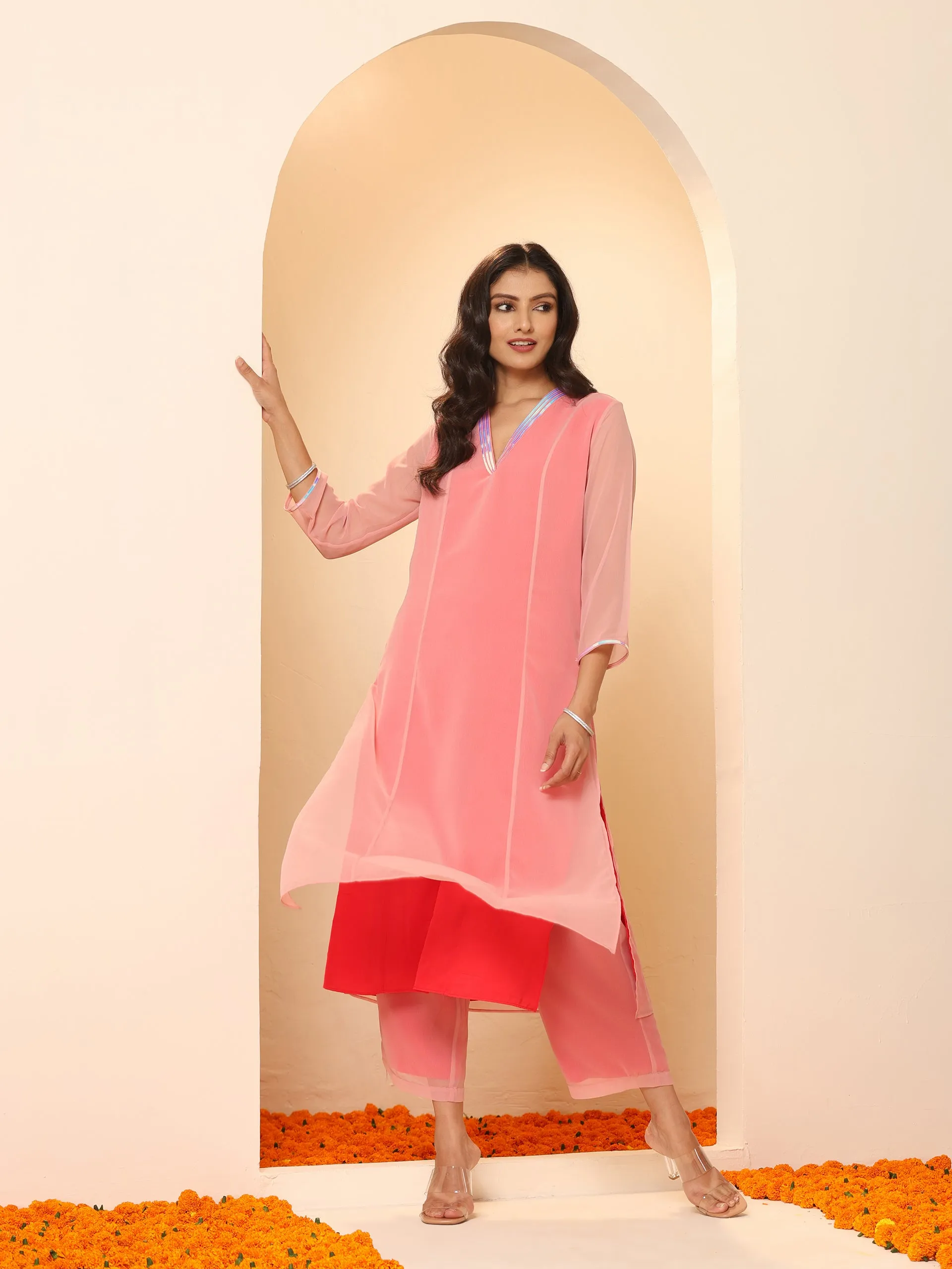 2pcs. Set | Baby Pink &  Red Surprise Georgette Kurta with Pants