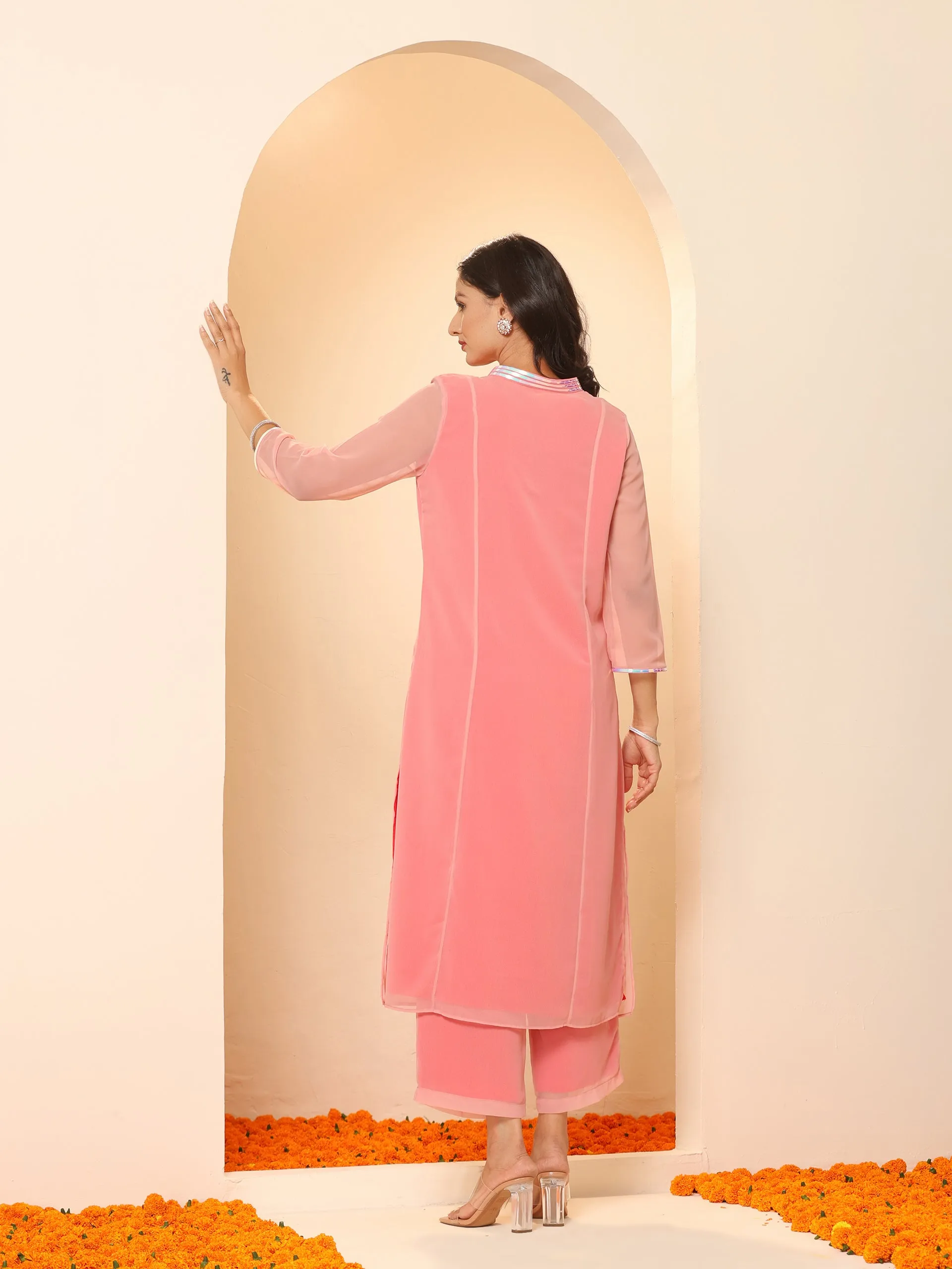 2pcs. Set | Baby Pink &  Red Surprise Georgette Kurta with Pants