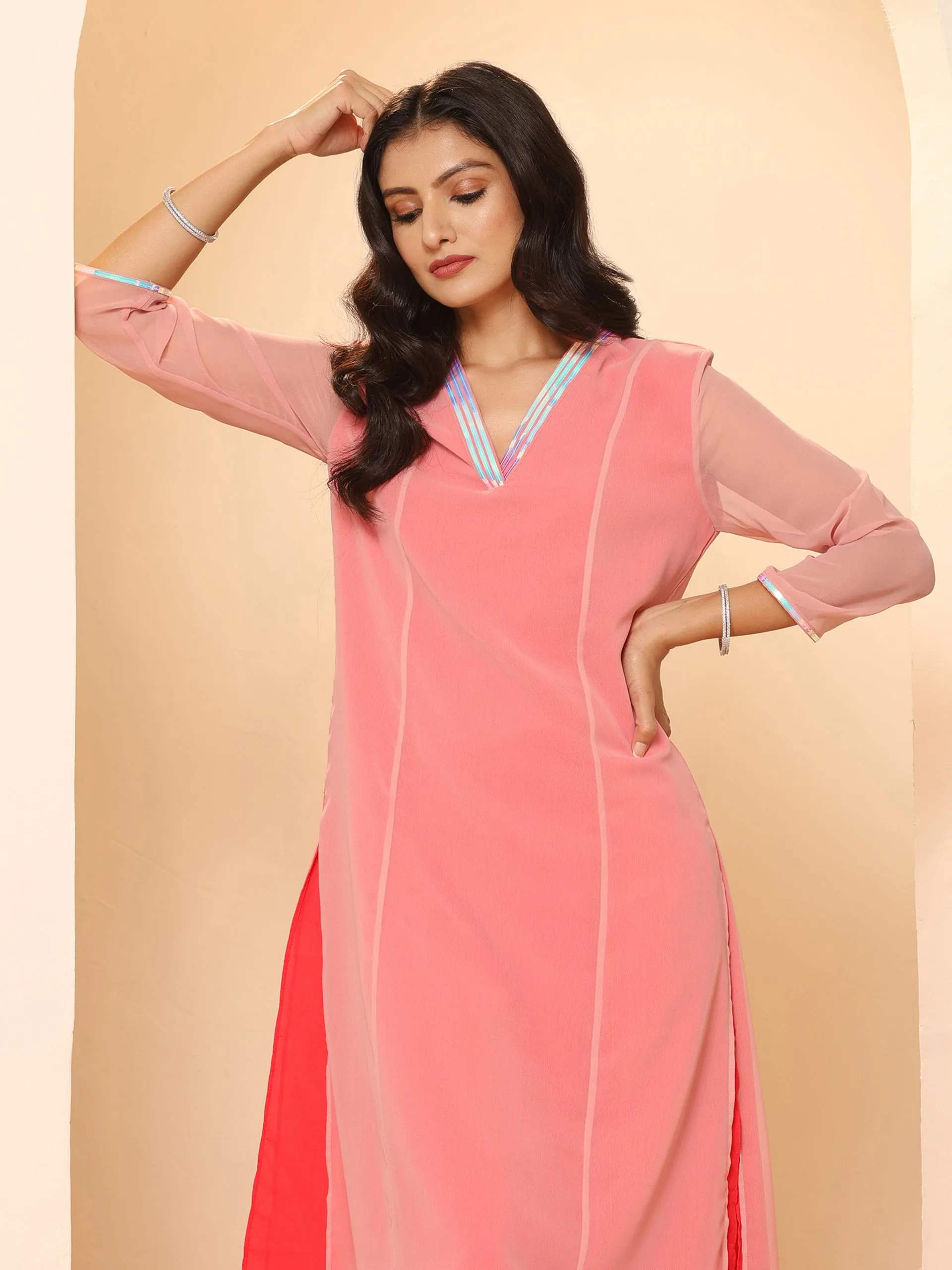 2pcs. Set | Baby Pink &  Red Surprise Georgette Kurta with Pants