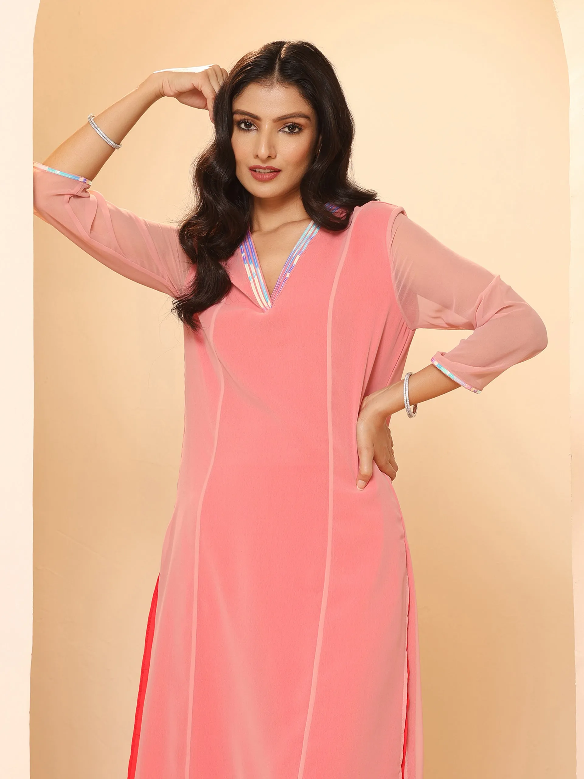 2pcs. Set | Baby Pink &  Red Surprise Georgette Kurta with Pants