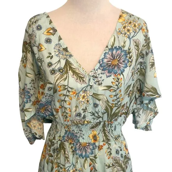 Abel the Label Osaka Midi Dress Womens Size Medium Blue Floral Asymmetrical Boho