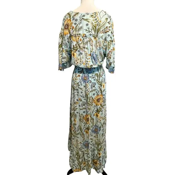 Abel the Label Osaka Midi Dress Womens Size Medium Blue Floral Asymmetrical Boho
