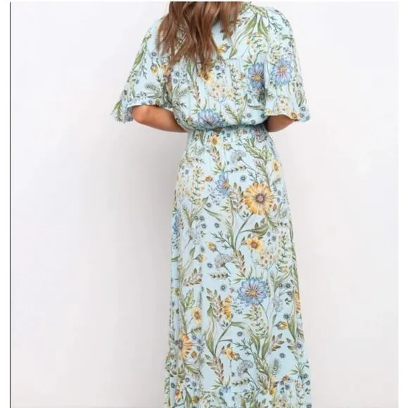 Abel the Label Osaka Midi Dress Womens Size Medium Blue Floral Asymmetrical Boho