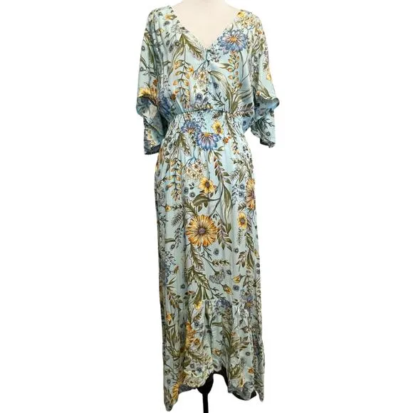 Abel the Label Osaka Midi Dress Womens Size Medium Blue Floral Asymmetrical Boho