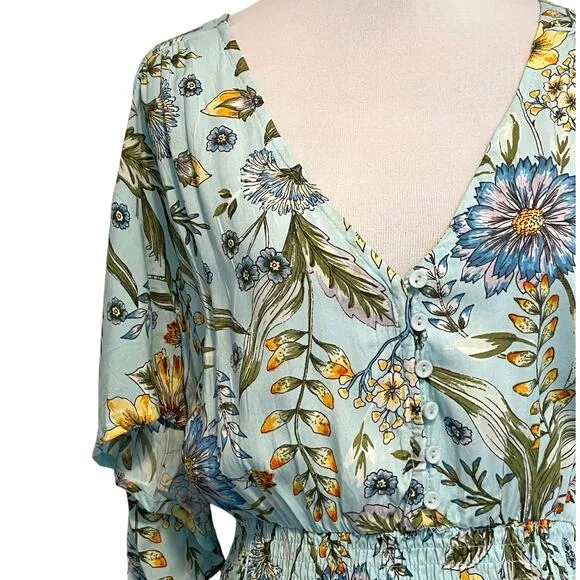 Abel the Label Osaka Midi Dress Womens Size Medium Blue Floral Asymmetrical Boho