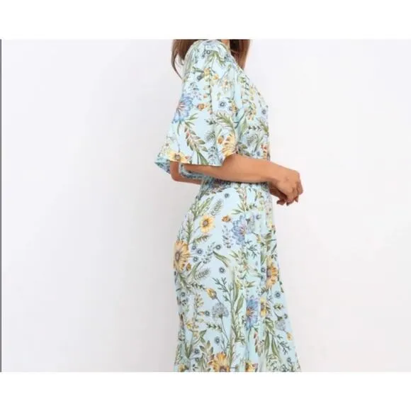 Abel the Label Osaka Midi Dress Womens Size Medium Blue Floral Asymmetrical Boho