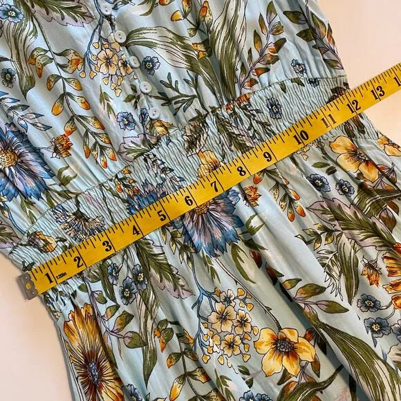 Abel the Label Osaka Midi Dress Womens Size Medium Blue Floral Asymmetrical Boho