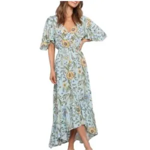 Abel the Label Osaka Midi Dress Womens Size Medium Blue Floral Asymmetrical Boho