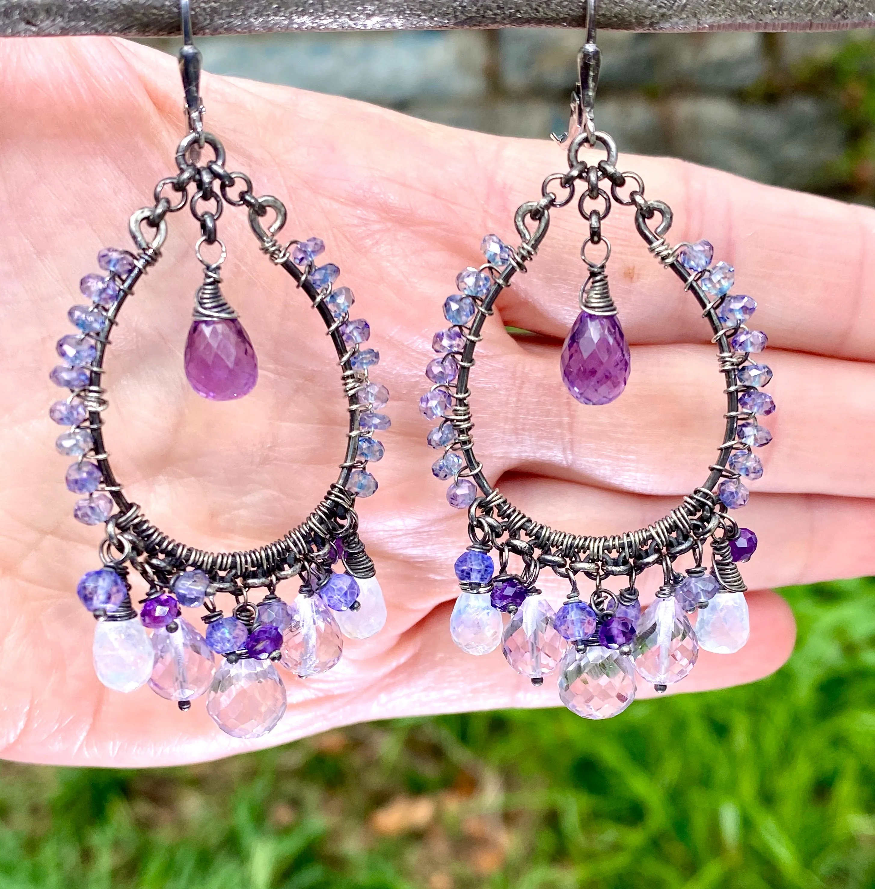 Amethyst Moonstone Oxidized Sterling Silver Hoop Earrings