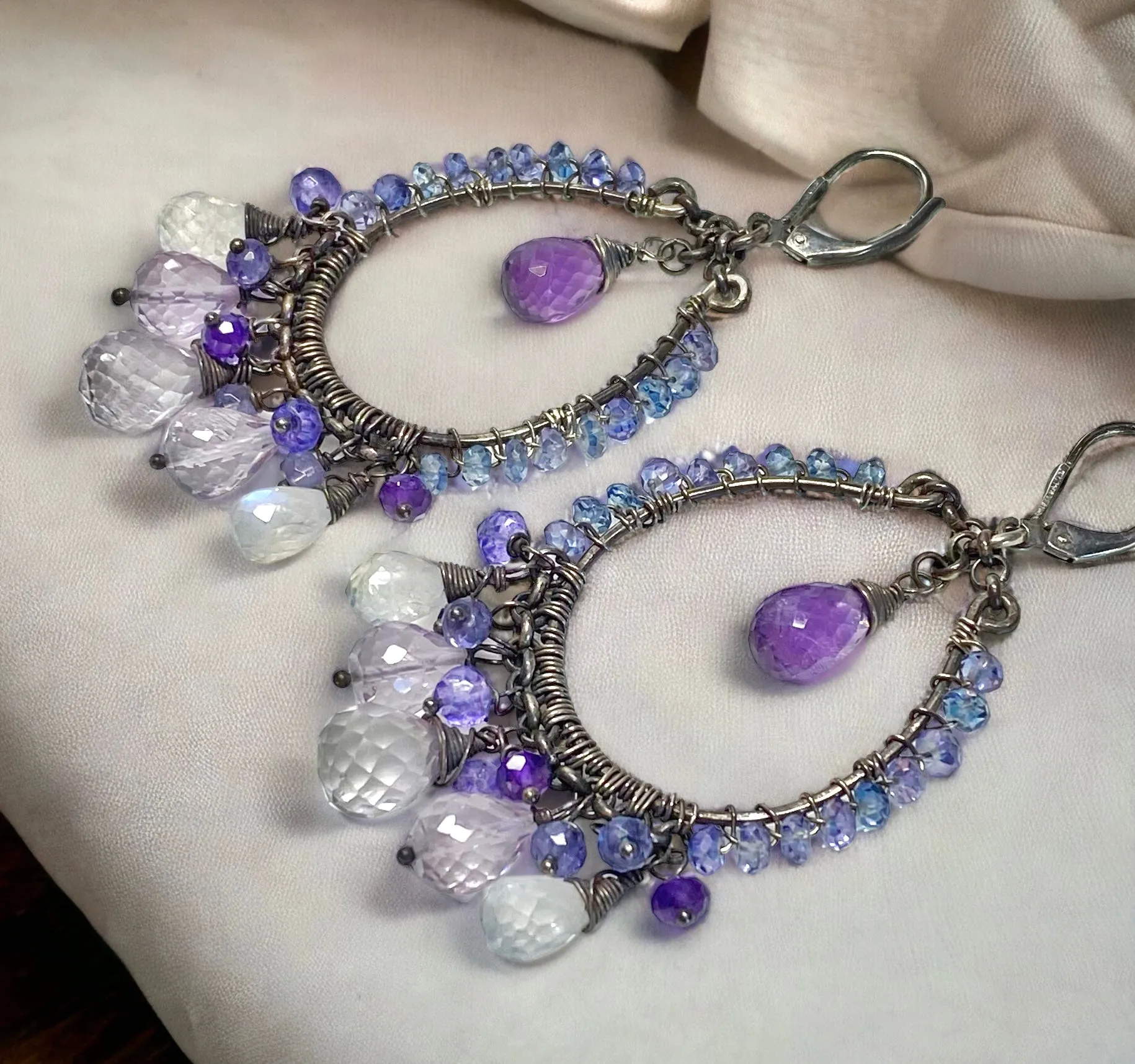 Amethyst Moonstone Oxidized Sterling Silver Hoop Earrings
