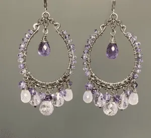 Amethyst Moonstone Oxidized Sterling Silver Hoop Earrings