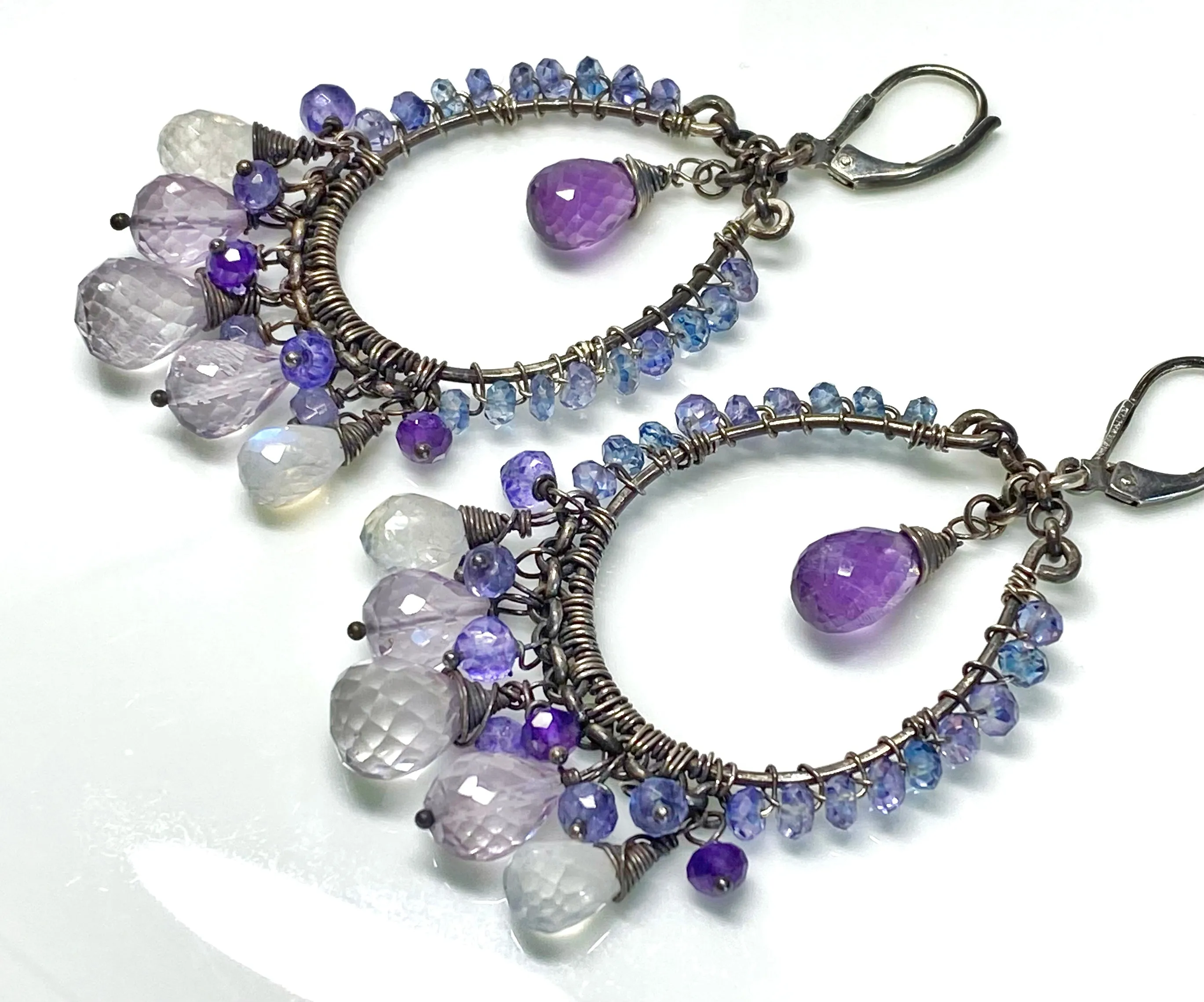 Amethyst Moonstone Oxidized Sterling Silver Hoop Earrings