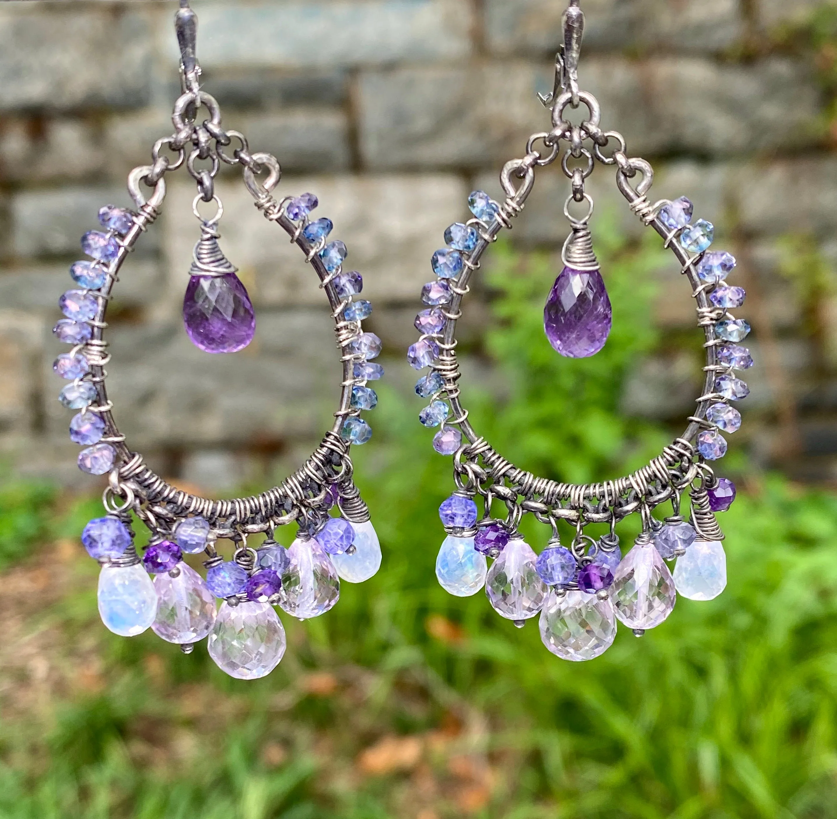 Amethyst Moonstone Oxidized Sterling Silver Hoop Earrings