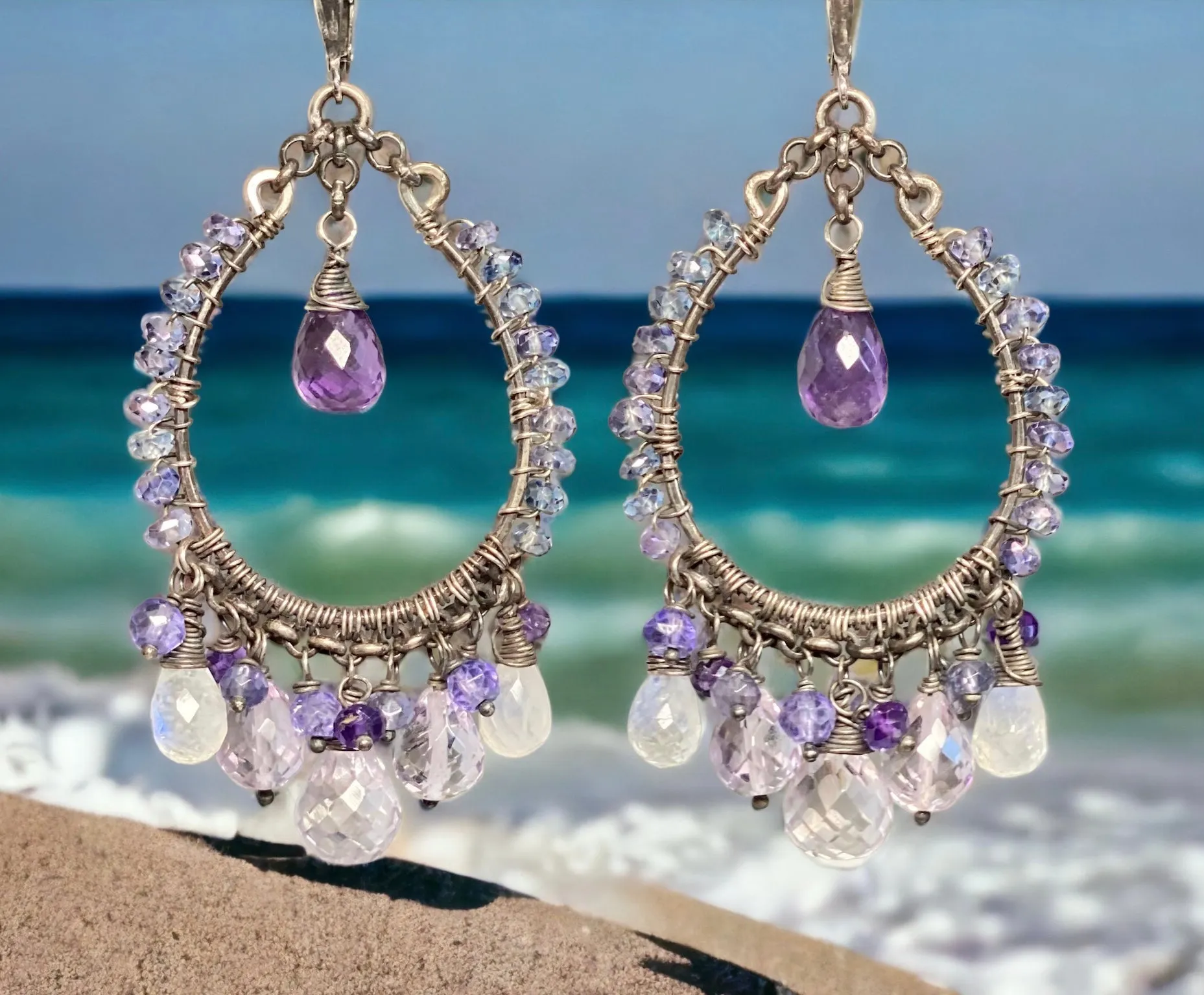 Amethyst Moonstone Oxidized Sterling Silver Hoop Earrings