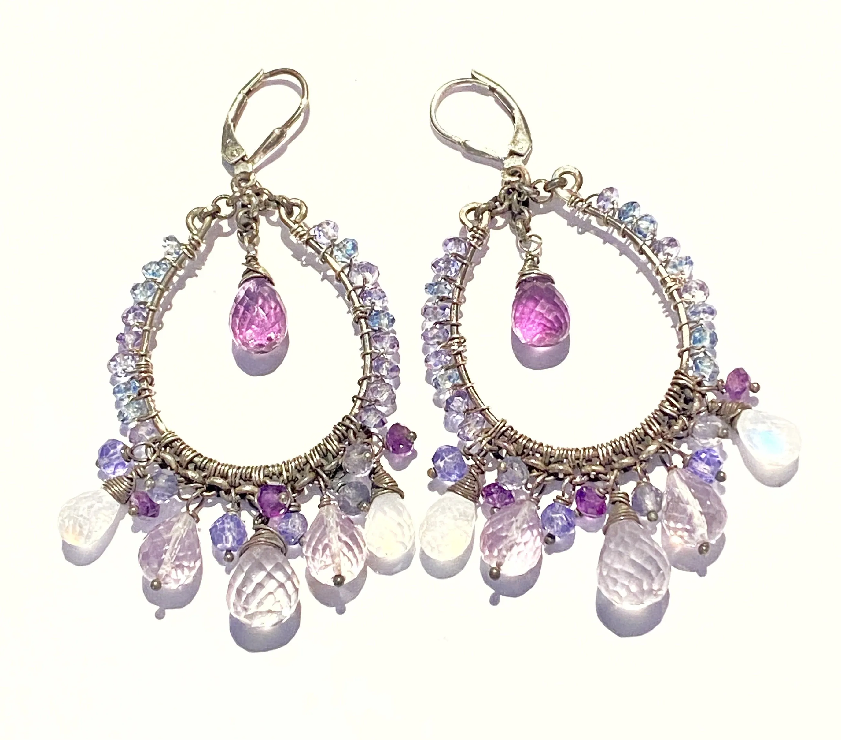 Amethyst Moonstone Oxidized Sterling Silver Hoop Earrings