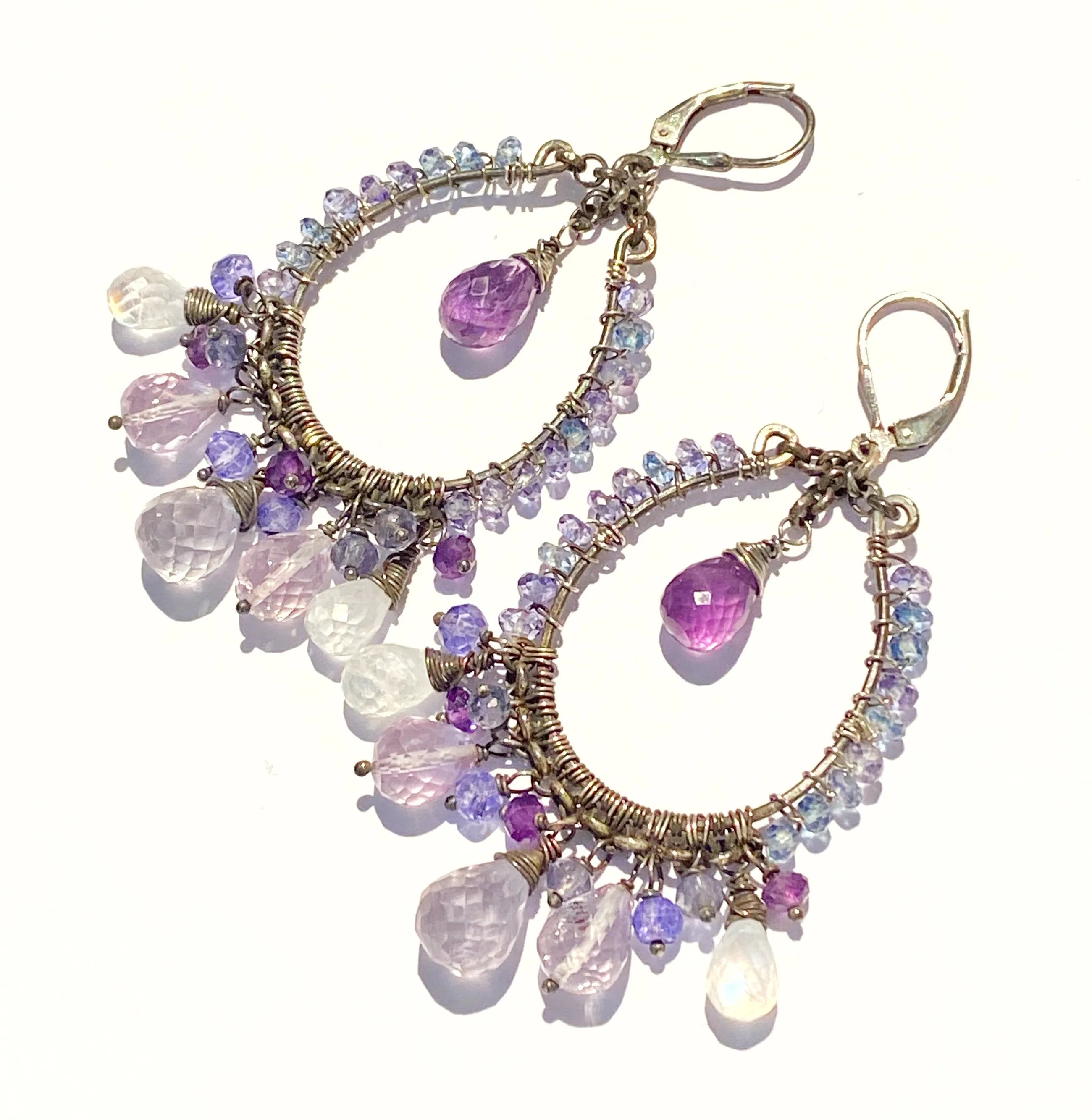 Amethyst Moonstone Oxidized Sterling Silver Hoop Earrings